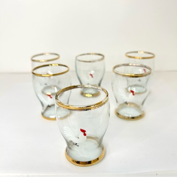 VintageEnamelled Rooster Cordial Shot Glasses Gold Banding Barware Set of Six - Picture 11 of 11